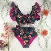 Conjunto de Bikini Floral con volantes para mujer, traje de baño de dos piezas de cintura alta con cuello de pico, ropa de baño para playa, bikinis 2022 ► Foto 2/5