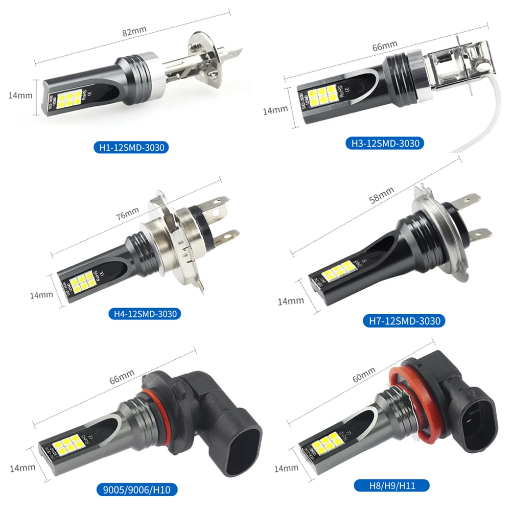 2 шт. H1/H3/H4/H7/H8/H11/9005/9006 3030 12 SMD; Автомобильные светодиоды противотуманные лампочки 24 Вт противотуманная фара дальнего света 6500K 12V h1 светодиодные лампы