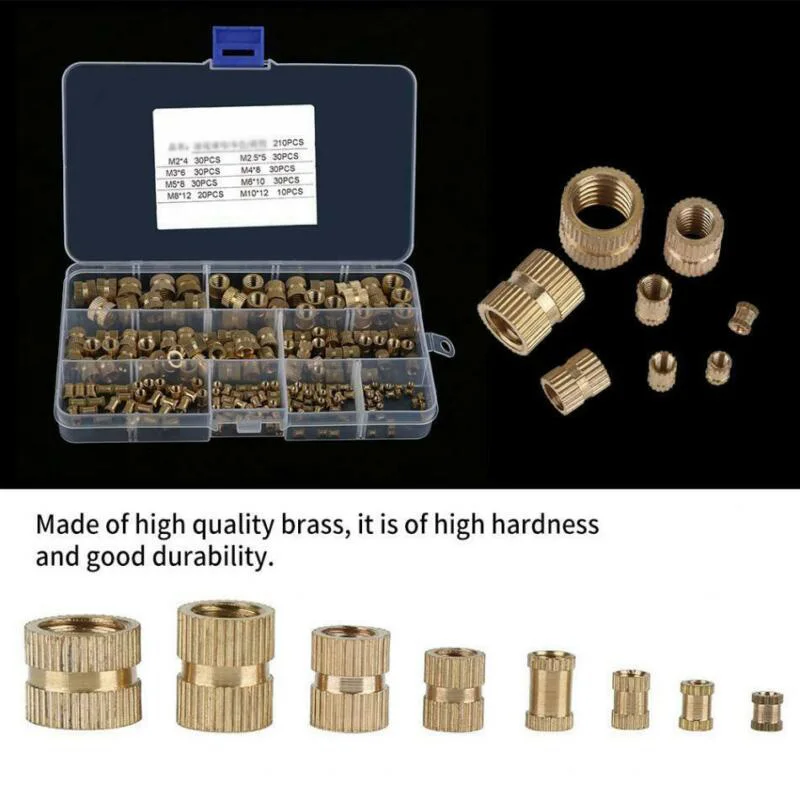 

210pcs/Set M2-M10 Brass Cylinder Knurled Threaded Round Inserts Embedded Nuts
