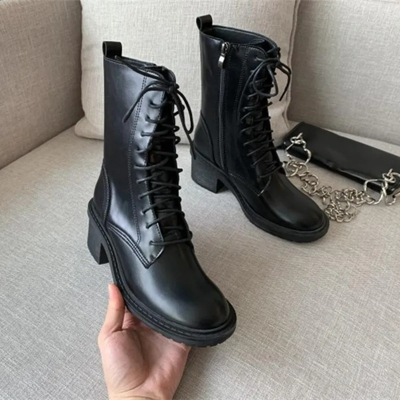 

2021 Spring Side Zip Women's Boots Solid Color Knight Ankle Boots Med Heels Comfortable Cross-Tied Thick Bottom Lace Up Shoes
