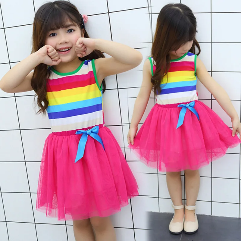 

2-6years old new Girl dress princess dress baby net yarn striped fleabane Sleeveless vest Children Clothing