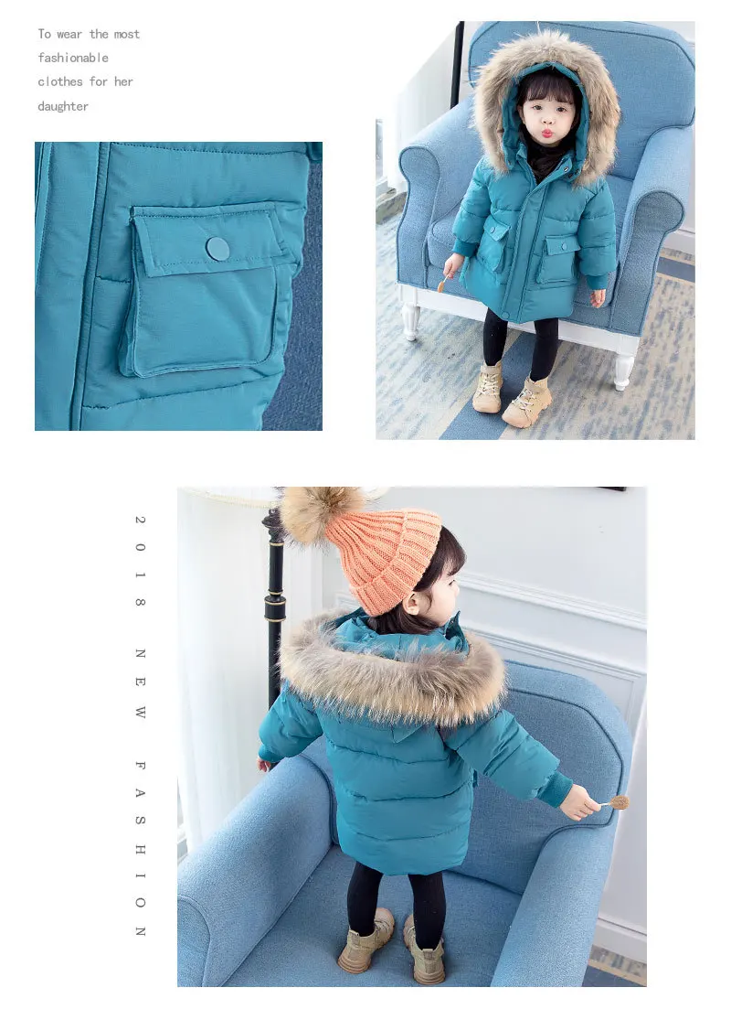 Girls Solid Color Long Cotton-padded Clothes Korean-style Winter Baby Large Fur Collar Brushed And Thick Western Style Coat Fash