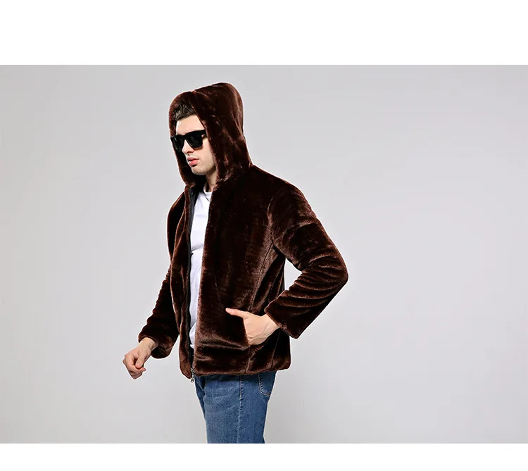 Коричневый New men's fur-like men's jacket autumn-winter Korean version of cap fur thickened large-size mink men's fur - Цвет: Коричневый