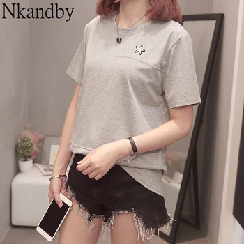 

Plus Size Embroidery Star Tops T Shirts 2020 Summer Women Casual Loose Short Sleeve T-shirt Oversize Vintage Solid Basic Tshirt