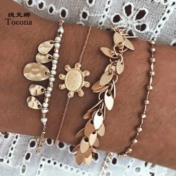 

Tocona 4pcs/sets Bohemian Gold Tassel Bracelets for Women Charming Turtle Wafer Chain Bead Summer Jewelry Accessories Gift 8862