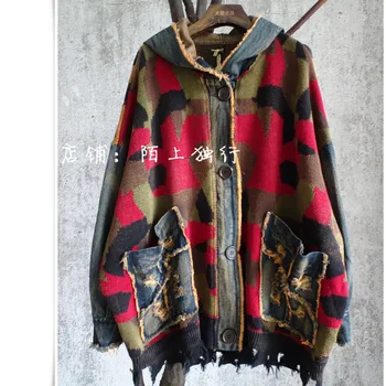 

QING MO 2020 Winter Women Denim And Knitted Stitching Coat Single Breasted Hooded Coat With Big Pockets Vintage Outwear ZQY5805