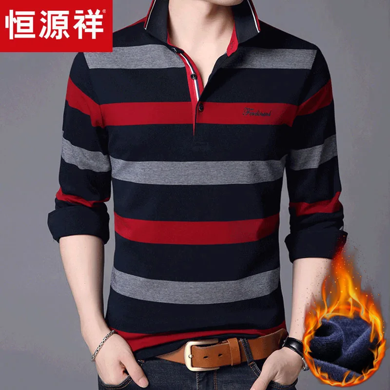 

HYX Genuine Product New Style Winter Stripes Polo Shirt Brushed And Thick T-shirt Middle-aged Base Tops Men's Wear