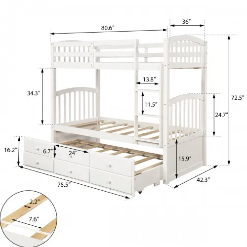 Twin Bunk Bed With Ladder Safety Rail Twin Trundle Bed With 3 Drawers For Kids, Teens Bedroom Guest Room Furniture Children Beds