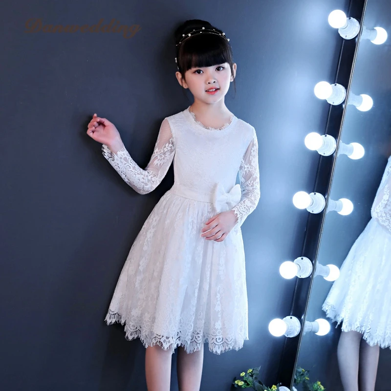Soft Lace Kids Pageant Evining Dress Long Sleeve Short Flowers Girl Dress For Wedding First Communion Dress White Princess