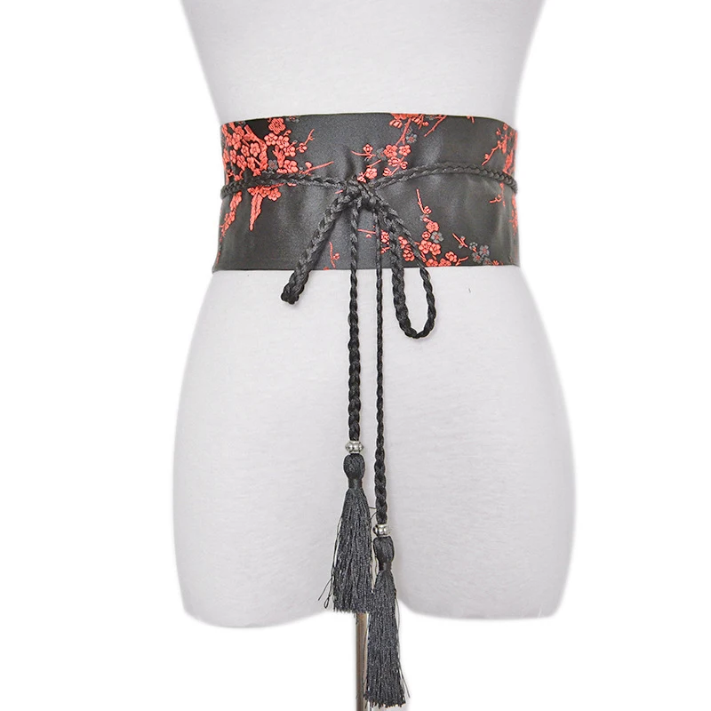 women's belts Fashion Kimono Belt Ribbon Female Retro Floral Print Waistband Wide Corset Bathrobe Waistband Tie Belt Waist Belts For Dress white waist belt