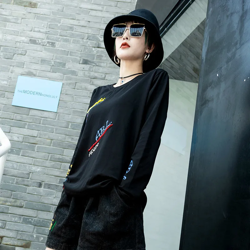 Max LuLu, новинка, зимние корейские модные женские винтажные футболки с длинными рукавами, Женские повседневные топы с вышивкой, черные свободные футболки
