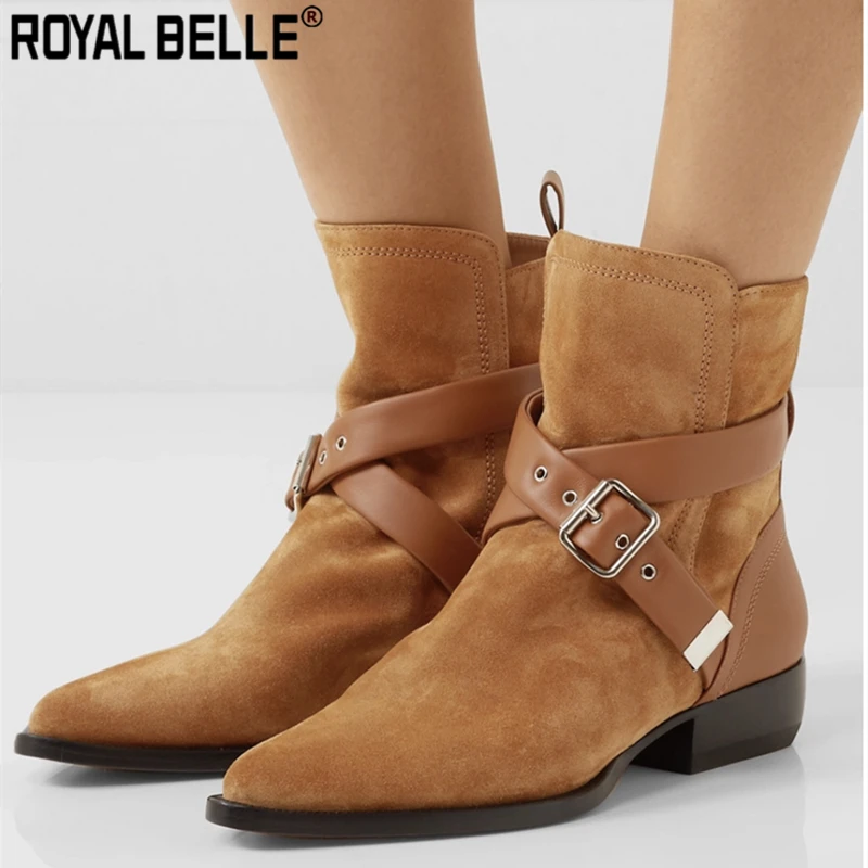 

Royal Bellle Brand Designed Women Ankle Boots Rylee Genuine Leather Buckles Botas Fenimina Punk Snakeskin Short Boots