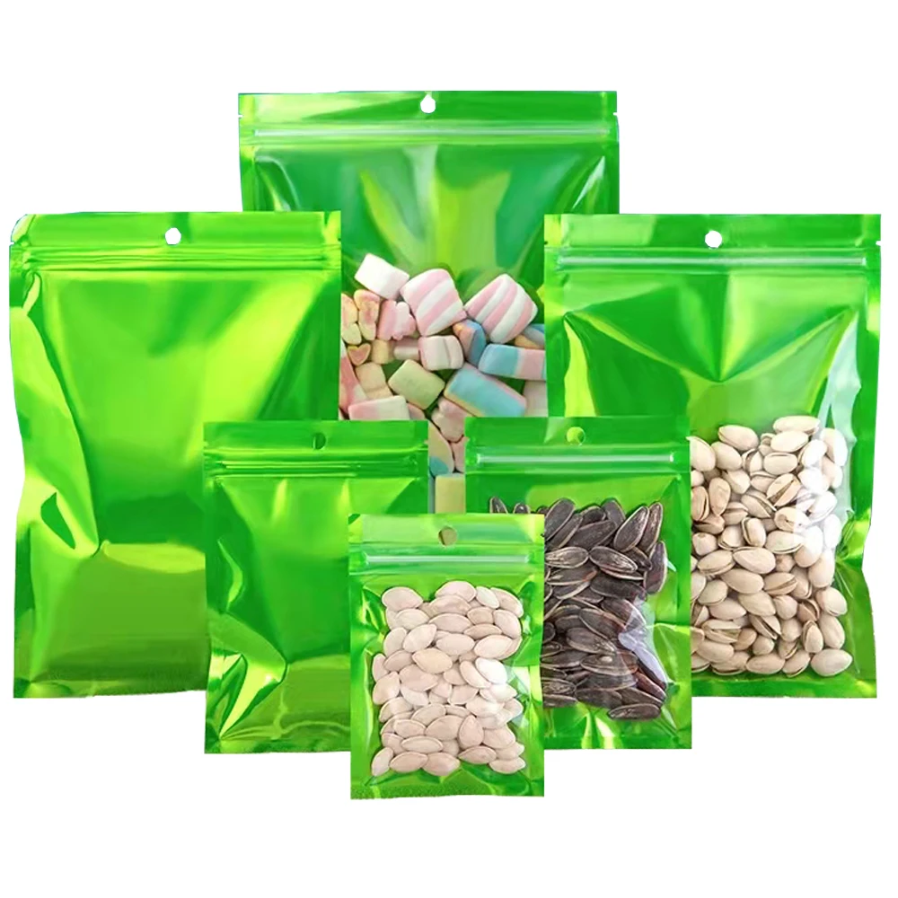 

1000Pcs Self Seal Zip Lock Resealable Waterproof Storage Pack Green Aluminum Mylar Foil Tear Notch Candy Nuts Bag with Hang Hole