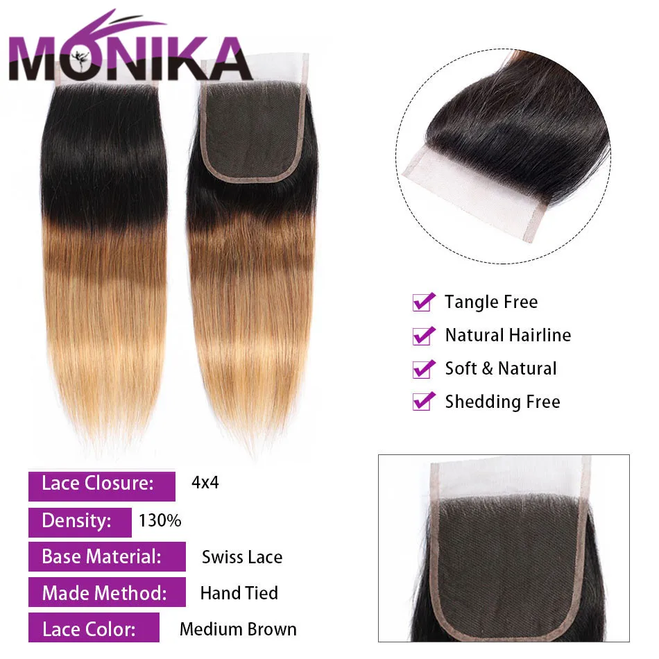 Monika закрытие волос Омбре цветной T1B#4#27#30 закрытие шнурка 4X4 бразильские прямые волосы Закрытие человеческих волос не Remy закрытие
