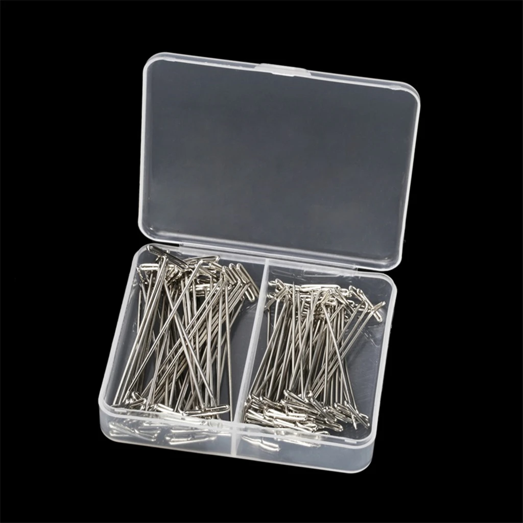 100 Pieces Mixed Sizes Steel Wig T-Pins with Plastic Stroage Box 54mm & 45mm T Needles Wig Sewing Cord for Holding Wigs