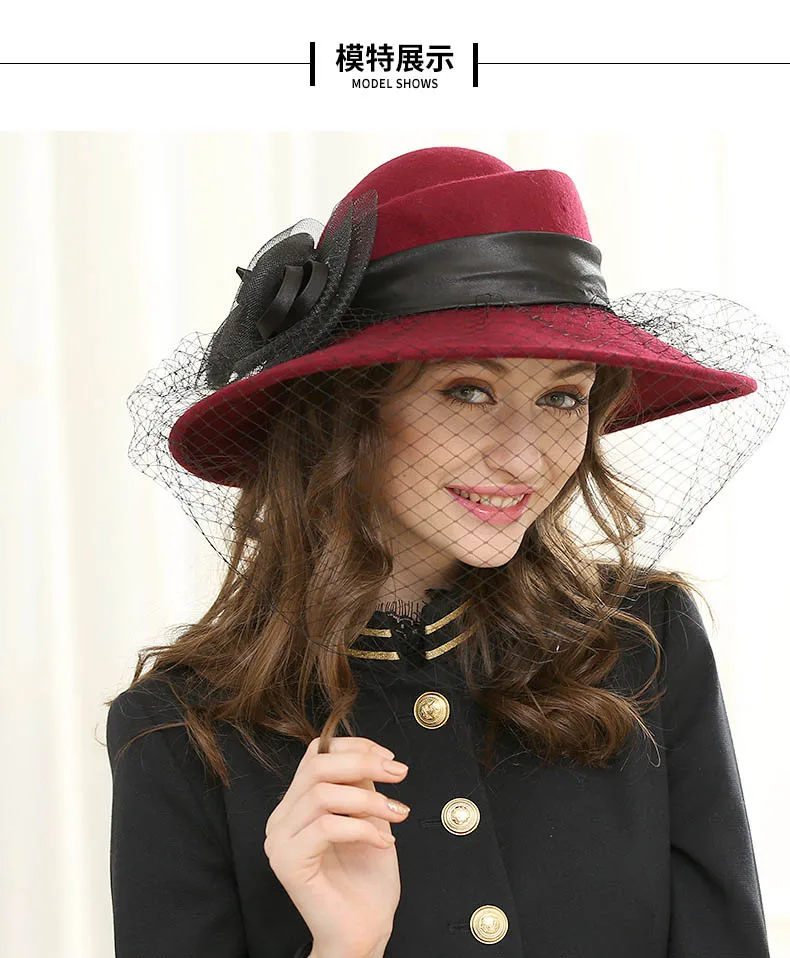 QDKPOTC 2019 осень зима Женская Высококачественная 100% шерсть фетровая элегантная женская цветочная кружевная шляпа с сеткой фетровая шляпа