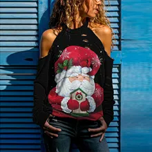 

2022Santa Elk Cartoon Christmas Snowman Printed Women's Dress Hole Hollowed Out Off Shoulder Long Sleeve T-shirt Pullover