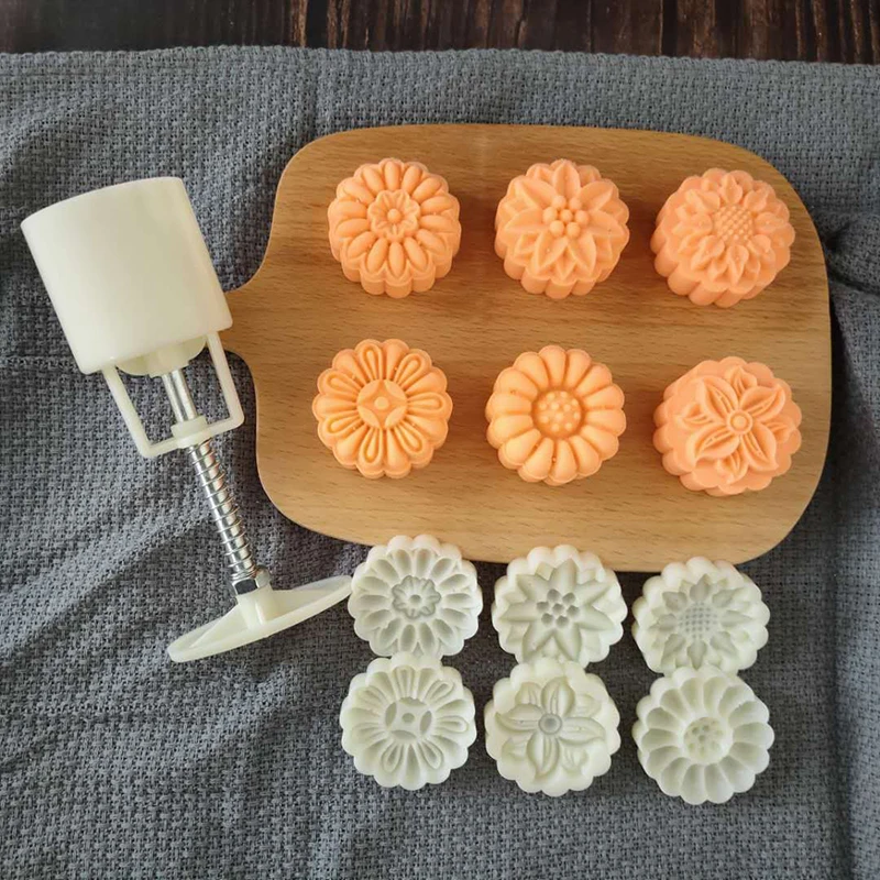 SUPVOX 1 juego 50g flower mooncake 3d molde de presión manual herramientas de cocción diy con patrón de modo 6pcs para cocina galleta muffin fondant cupcake postre 