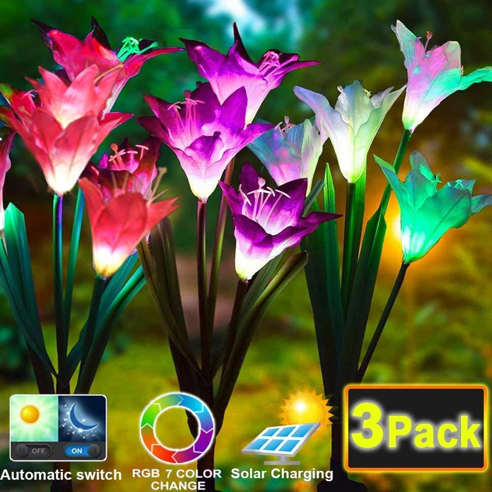 4 Head Lily Flower Solar Light Outdoor LED Lamp Home Garden Lawn Lights Waterproof Colorful Decorative Fake Flower Night Light