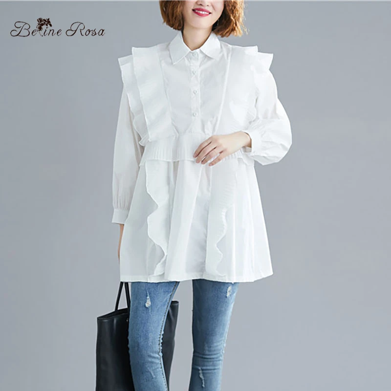 

BelineRosa Princess Style Pure White Women Blouse Shirts Elegant Ladies Ruffles Loose Women Tops FHWY0006