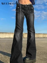 Weekeep Harajuku Low Waist Women's Pants Pockets Patchwork Slim Vintage Denim Jeans Korean Streetwear 90s Trousers Y2k Aesthetic