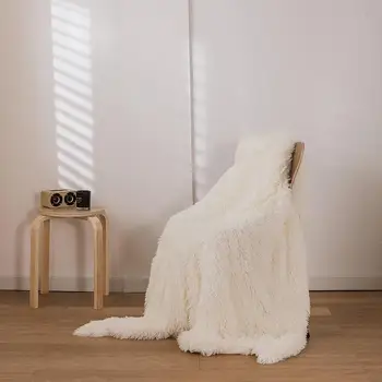 

Fluffy Blankets for Bed White Color Long Hair Soft Plaid On The Sofa Single/Queen Size Blankets and Bedspreads