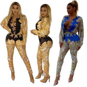 

Sexy Stand Neck Skinny Rompers Long Sleeve Print Womens Jumpsuit Streetwear Plus Size Ladies Jumpsuits F42