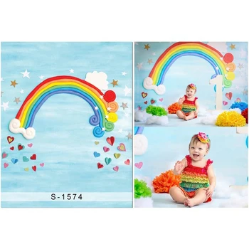 

Light Blue Sky Paper Cut Rainbow Backdrop Vinyl Printed Love Heart Decors Stars Baby's 1st Birthday Party Photo Booth Background