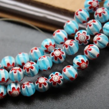 

65Pcs 6mm Lampwork Glass Beads flower beads Round Ocean blue Red flower Fashion Beads for jewelry making Necklace Bracelet DIY