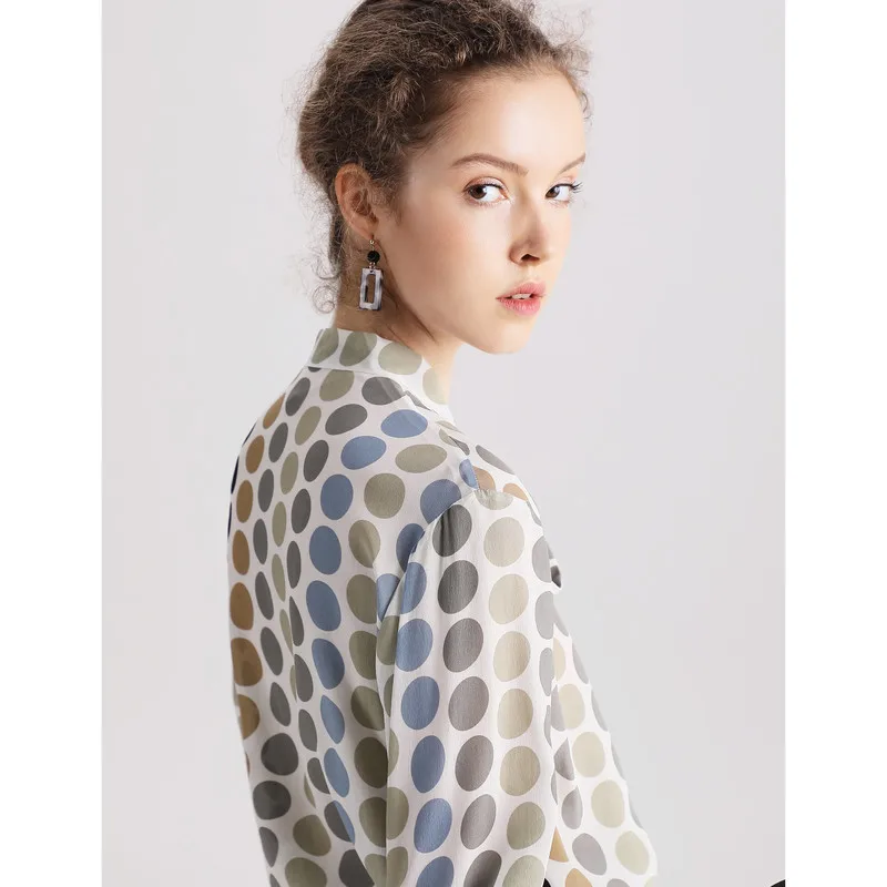  Women Silk Blouse 100% REAL SILK CREPE Dots Printed Blouses for Women Bow Collar Blouse Shirt 2019 