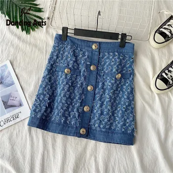 

Women A-line Denim Skirts High Waist Single Breasted Of Metal Slim Short Skirt 2020 New Female Korean Print Half-Length Skirts