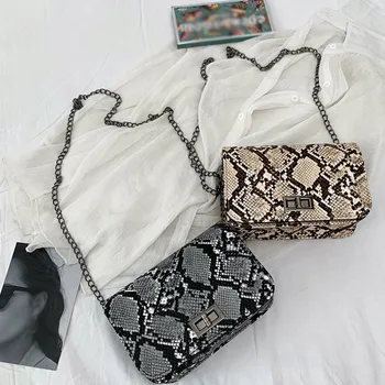 

Women Serpentine Messenger Bag Small Square Shoulder Bags PU Leather Snake Print Chain Ladies Crossbody Bag