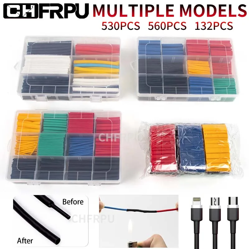 

Heat Shrink Tube 132PCS/Box 530PCS/Box 560PCS/Box 2:1 Black Heat Shrink Tubing Shrinkable Sleeving Wrap DIY Connector wire kit
