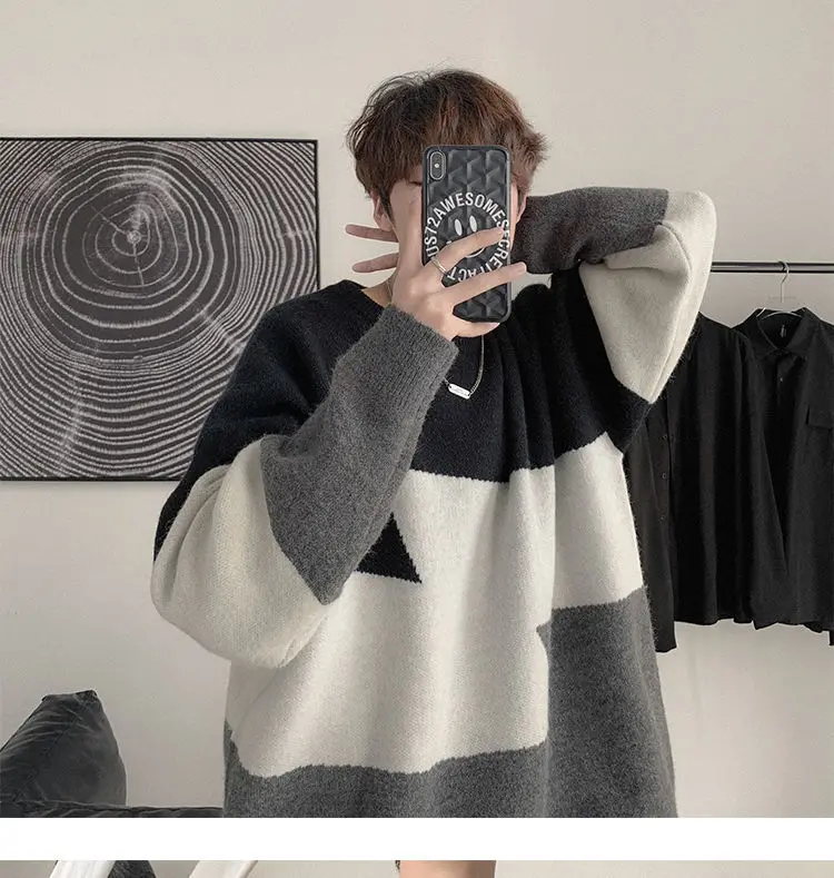 

Мужская зимняя уличная одежда в стиле колледжа с цветными блоками, Корейская версия тренда, новый свитер с круглым вырезом, свободная верхняя одежда