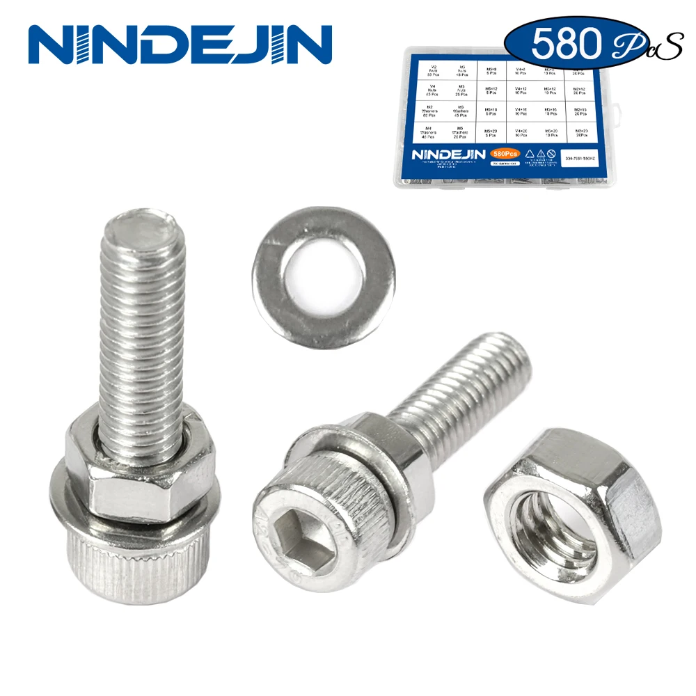 Набор винтов nindjin 580 шт./компл. с шестигранной головкой из нержавеющей стали m2 m3 m4