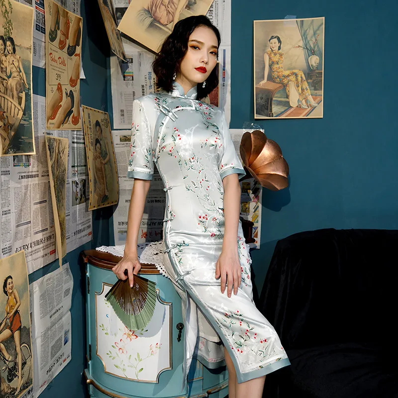 SHENG COCO Retro Style Chinese Dress Silk Knee Length Qipao Long Sleeve Cheongsam Lady Flower Print Cheongsam Dress Vestido
