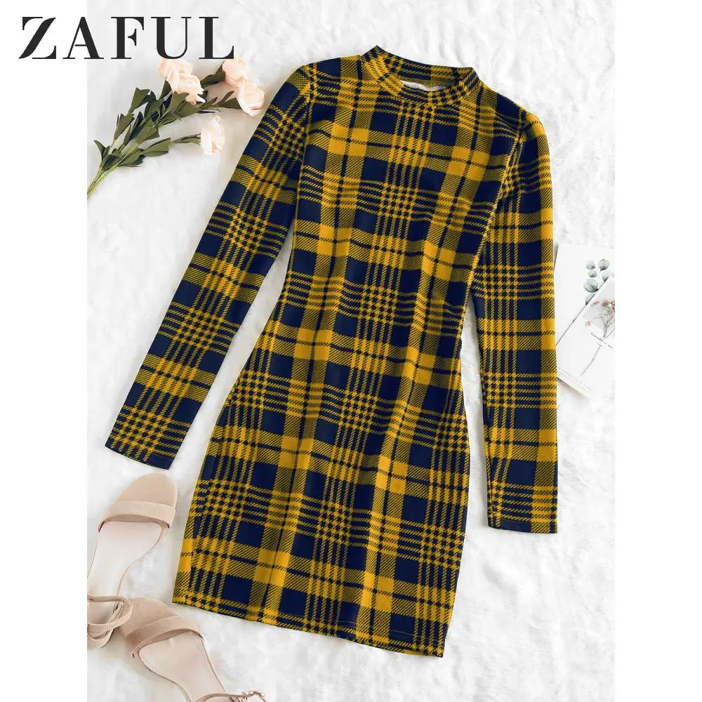 Женское винтажное платье в клетку ZAFUL облегающее мини мелкую с воротником