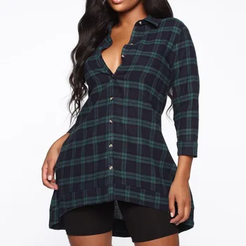 

Casual Green Plaid Blouse Women Asymmetrical Tops Plus Size Button Fashion Streetwear Ladies Irregular Long Blouse Summer Shirt