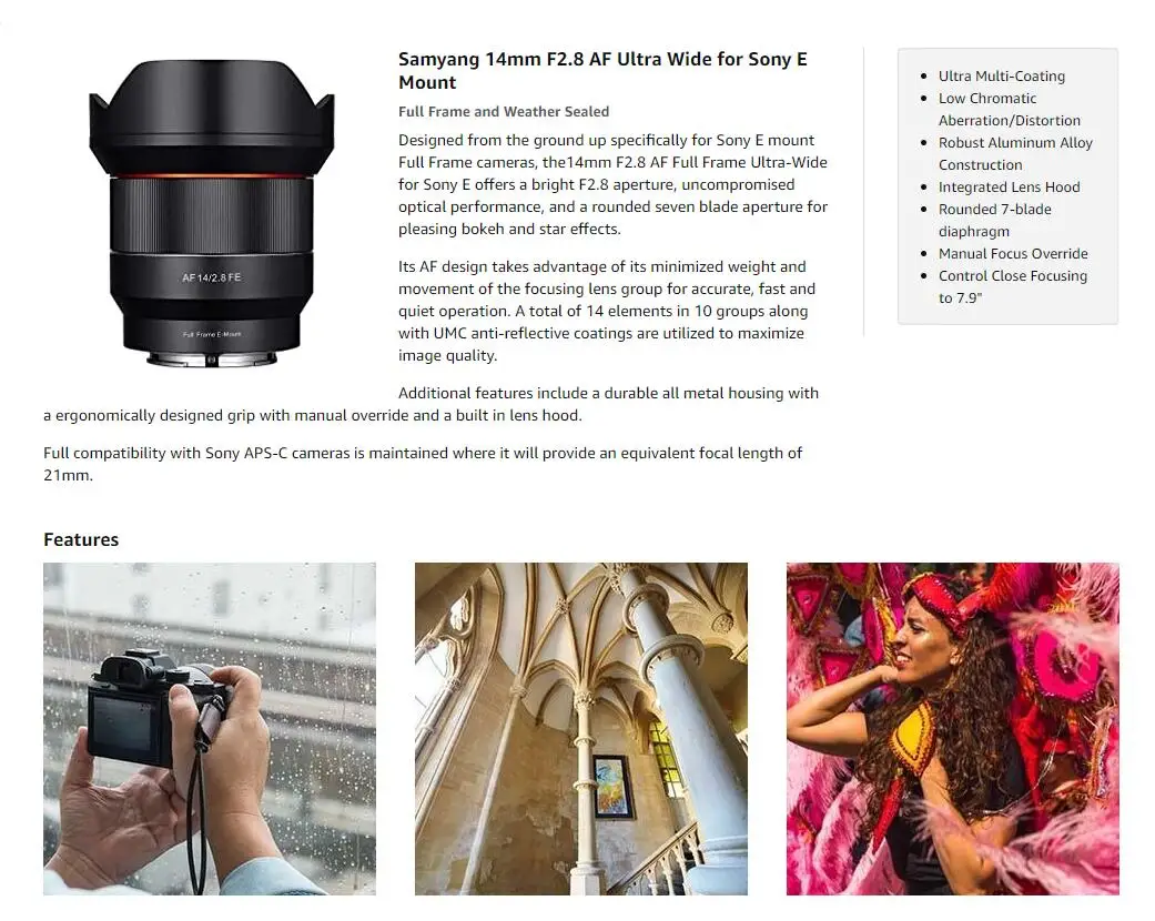 SAMYANG OPTICS 14F2.8/C Samyang AF 14mm F2.8 Full Frame Wide Angle