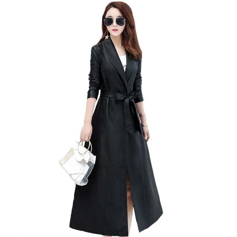 

Fashion Pu Leather Jacket Winter Autumn Plus Size 4XL Leather Long Coat Plus Cotton Leather Jacket Women's Trench With Belt