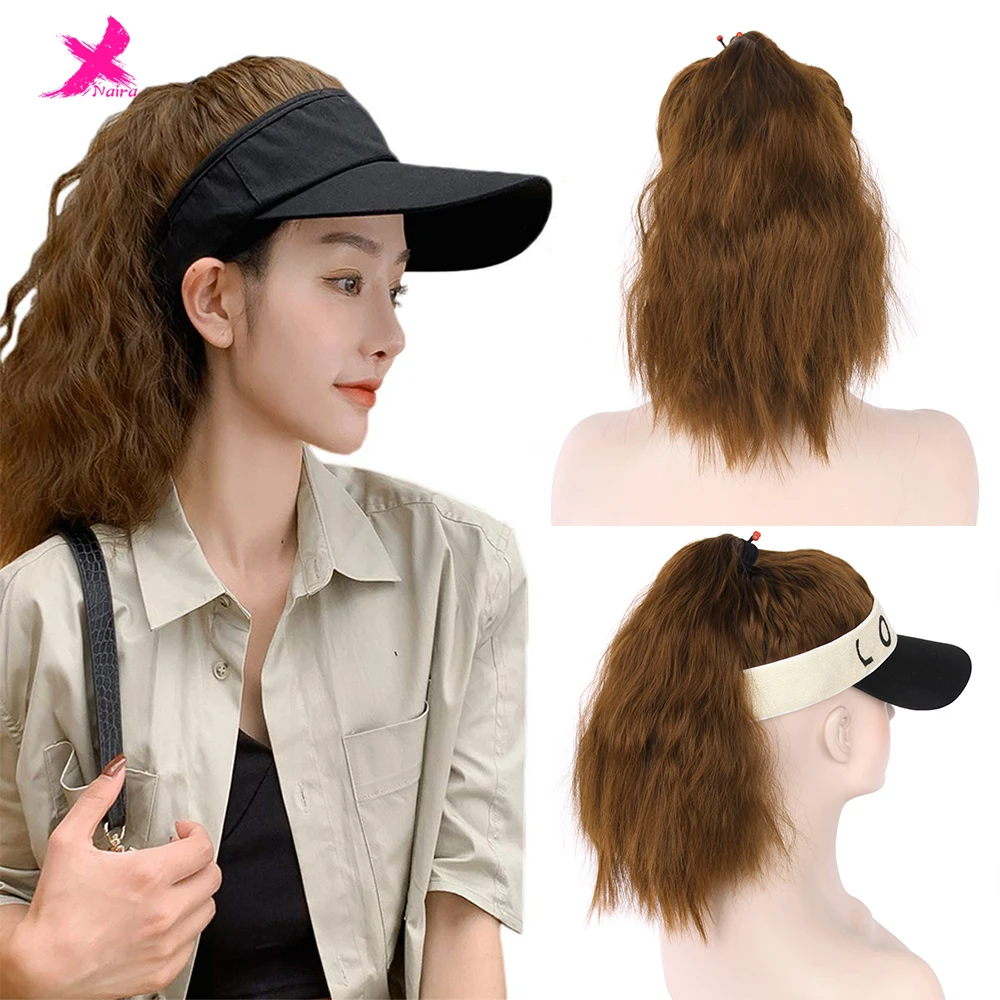 

Xnaira Short Wavy Hat Wig Synthetic Baseball Cap Hair Wig Black Curly Wig Synthetic High Temperature Hat Wig For Women