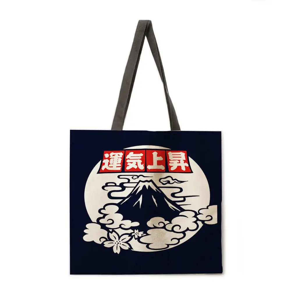 

Japanese dark blue style printed tote bag linen fabric casual tote bag shoulder bag female beach bag foldable shopping bag...