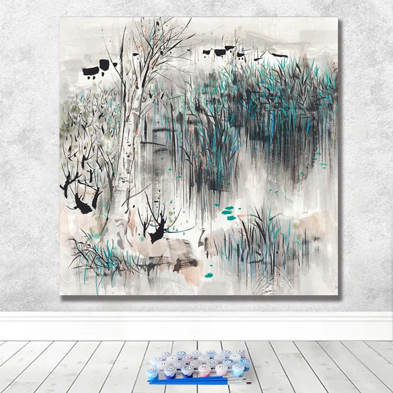 Diy Рисование по номерам рисунок versus инструментарий Рисование Wu Guanzhong художественная гостиная декоративная подвесная живопись - Цвет: 80845