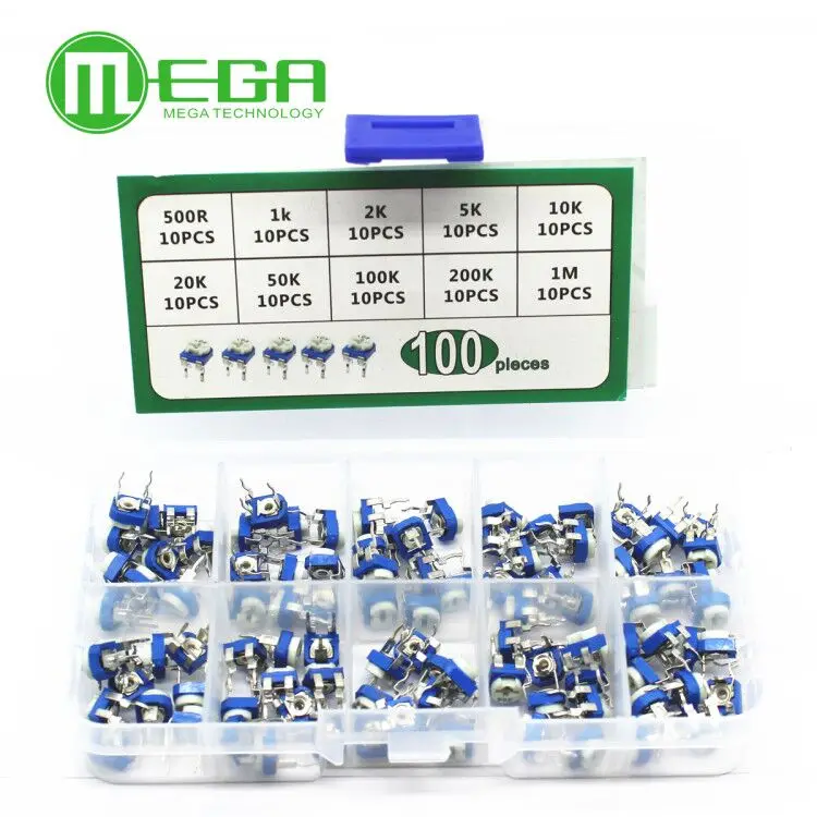 100Pcs/Box RM065 Carbon Film Horizontal Trimpot Potentiometer Assortment Kit 10 Values Variable Resistor 500R - 1M | Электронные