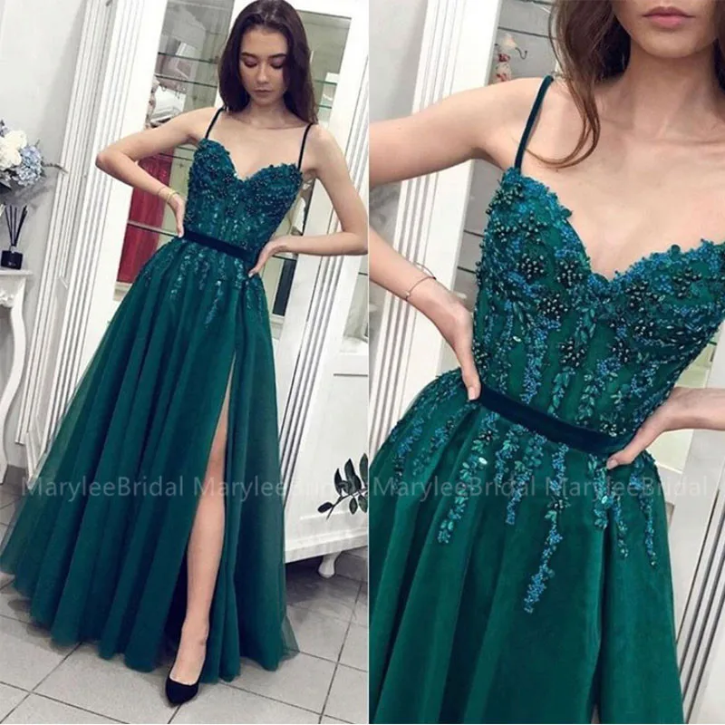 

Dark Green Sweetheart Long Evening Dresses Spaghetti Straps Appliques Beading Formal Party Gowns High Slit Sexy Robe De Soiree