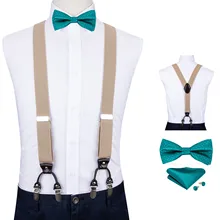 Мужские подтяжки хаки, натуральная кожа, 6 зажимов, мужские винтажные Свадебные бабочки, синий галстук-бабочка, носовой платок, запонки, набор, DiBanGu