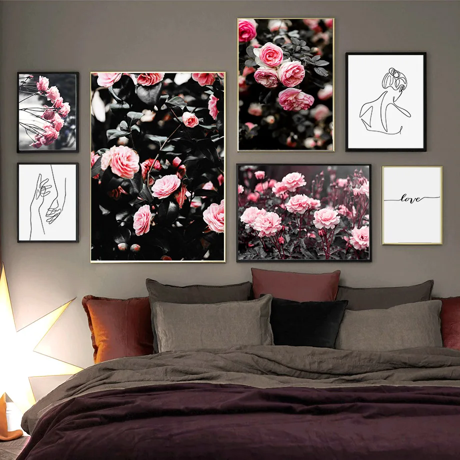 

Pink Rose Flower Line Girl Quotes Wall Art Canvas Painting Nordic Posters And Prints Plant Wall Pictures For Living Room Decor