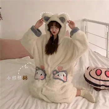 

Autumn and Winter Thick and Warm Cute Mid-length Plush Nightgown Female Korean Sweet Bear Home Service Suit Outer Wear