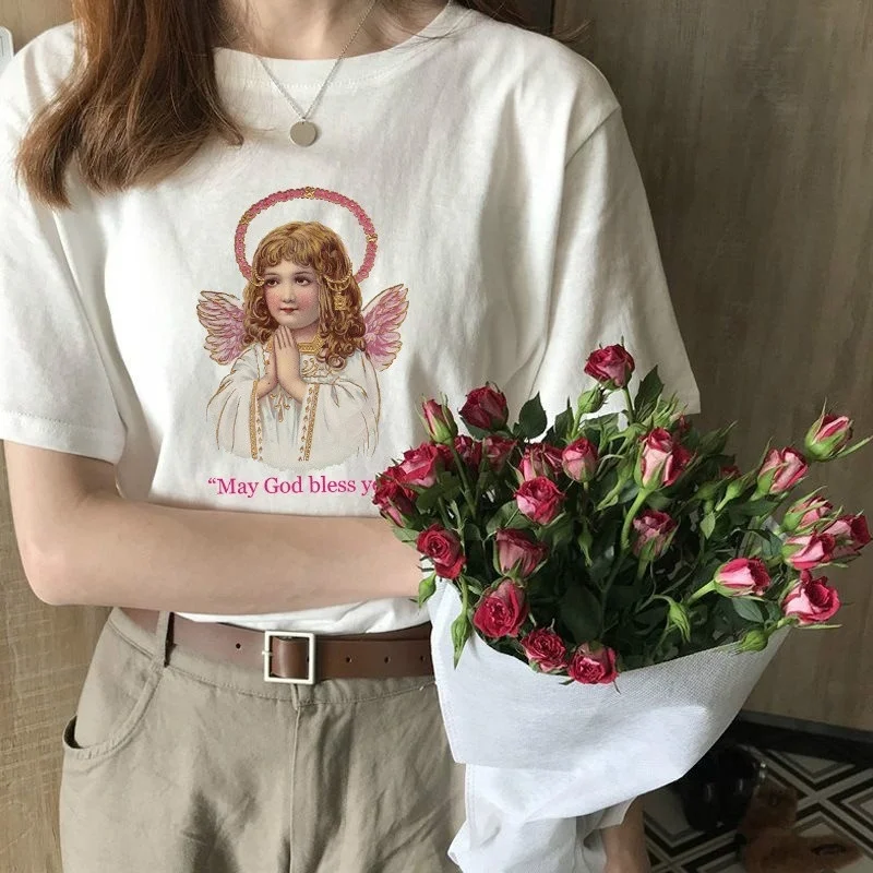 

PUDO-JF May God Blessed You Letter Printed T Shirt Women Summer Short Sleeve Cherub Angel Tees Christian Tshirt