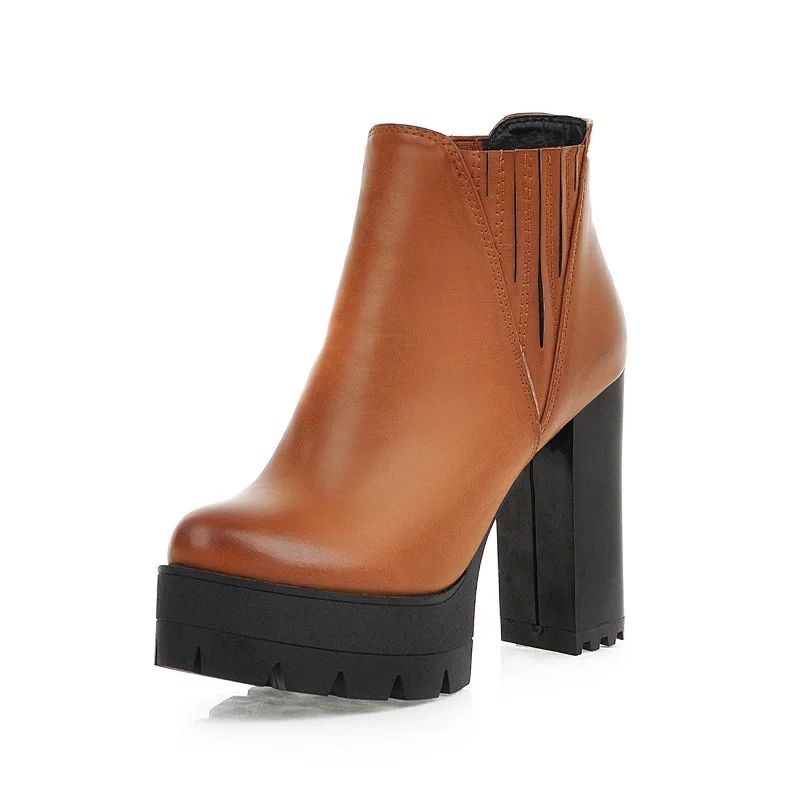 WETKISS/эластичные женские ботильоны на высоком каблуке, плотный чехол, женская обувь на металлической платформе, женская обувь с круглым носком, зимняя обувь, большие размеры 48 - Цвет: Coffee  short plush
